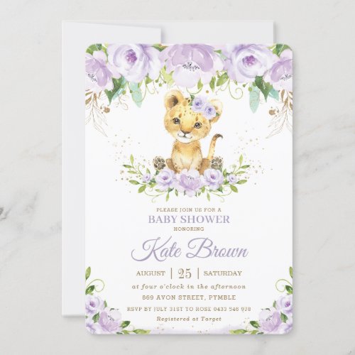 Sweet Lion Cub Purple Floral Girl Baby Shower Invitation