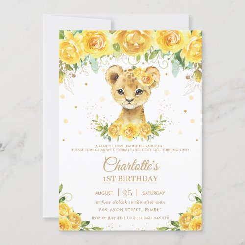 Sweet Lion Cub Yellow Floral Gold 1st Birthday Invitation