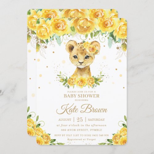 Sweet Lion Yellow Floral Gold Girl Baby Shower Invitation