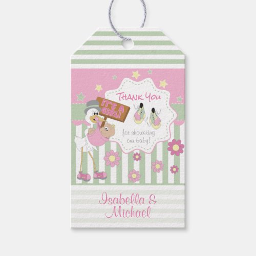 Sweet Little Baby Girl and Stork Thank You Gift Ta Gift Tags