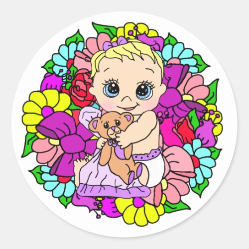 Sweet Little Baby with Teddy Bear Floral Classic Round Sticker