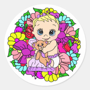 Sweet Little Baby with Teddy Bear Floral Classic Round Sticker