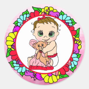 Sweet Little Baby with Teddy Bear Floral Classic Round Sticker