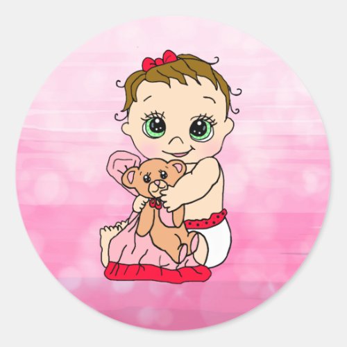 Sweet Little  Baby with Teddy Bear Pink and Red Classic Round Sticker