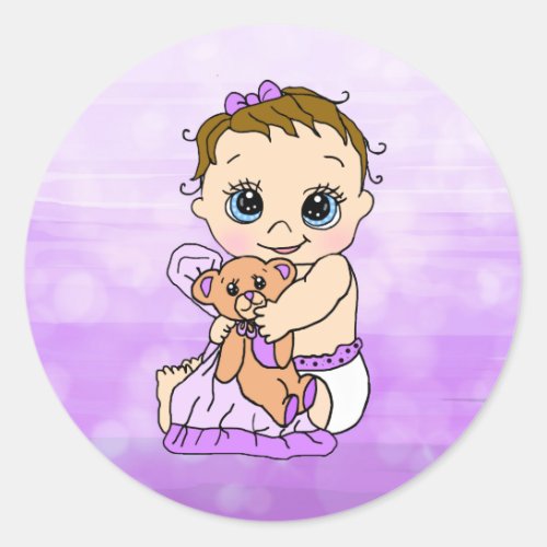 Sweet Little Baby with Teddy Bear Purple Baby Girl Classic Round Sticker