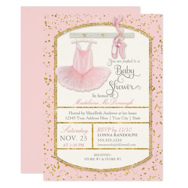 Sweet Little Ballerina Baby Girl Shower Gold Invitation