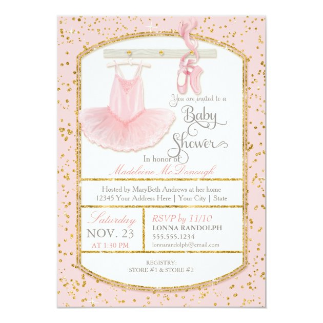 Sweet Little Ballerina Baby Girl Shower Gold Invitation