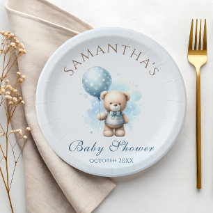 Sweet Little Bear Blue Balloon Baby Shower Paper Plates