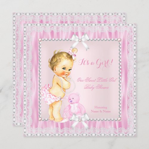 Sweet Little Blonde Girl Baby Shower Pearls Lace Invitation