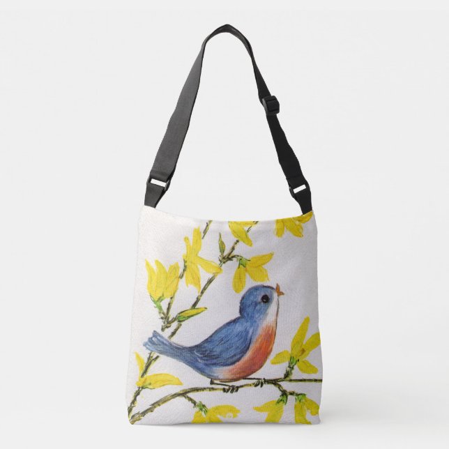 Sweet Little Blue Red Bird on Branch Yellow Flower Crossbody Bag (Front)