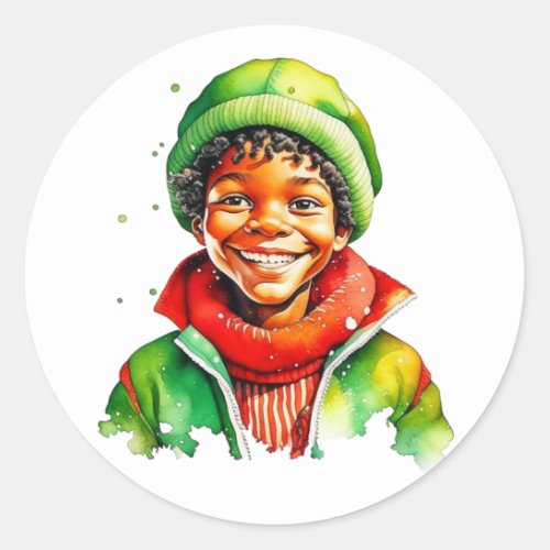 Sweet Little Boy Watercolor Christmas Classic Round Sticker