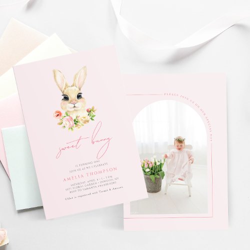 Sweet Little Bunny Baby Pink Photo Birthday  Invitation