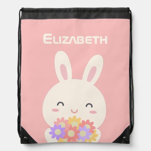 Sweet Little Bunny  Flowers Custom Name Pink Drawstring Bag