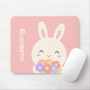 Sweet Little Bunny & Flowers Custom Name Pink Mouse Pad