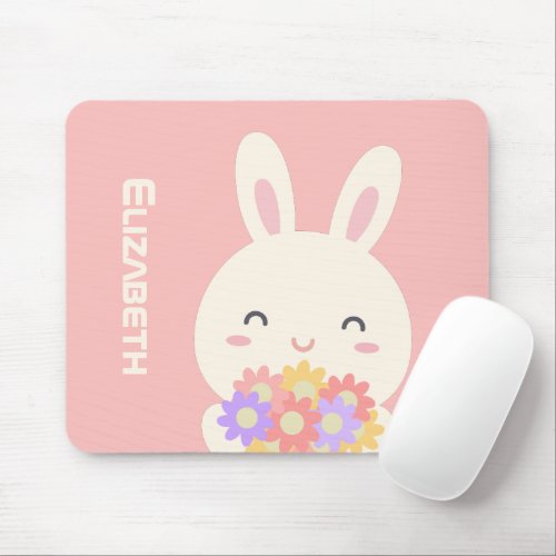 Sweet Little Bunny  Flowers Custom Name Pink Mouse Pad