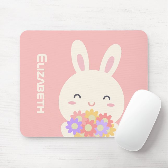 Sweet Little Bunny & Flowers Custom Name Pink Mouse Pad (With Mouse)