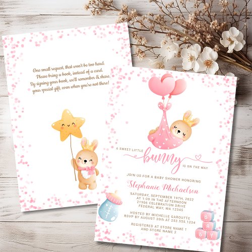 Sweet Little Bunny Girl Book Request Baby Shower  Invitation
