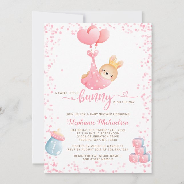 Sweet Little Bunny Rabbit Girl Baby Shower  Invitation (Front)