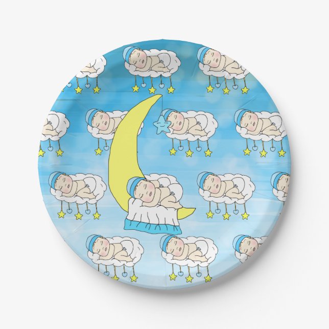 Sweet Little Caucasian Baby Sleeping on the Moon Paper Plates (Front)