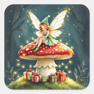 Sweet Little Christmas Fairy on Mushroom Square Sticker