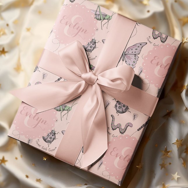 Sweet Little Critter Pink Baby Bugs Insects Kids Wrapping Paper (Cute Pink Baby Girl Hand-Drawn Insects Bugs Pattern, Personalized with Baby Girl's Name & Monogram.)