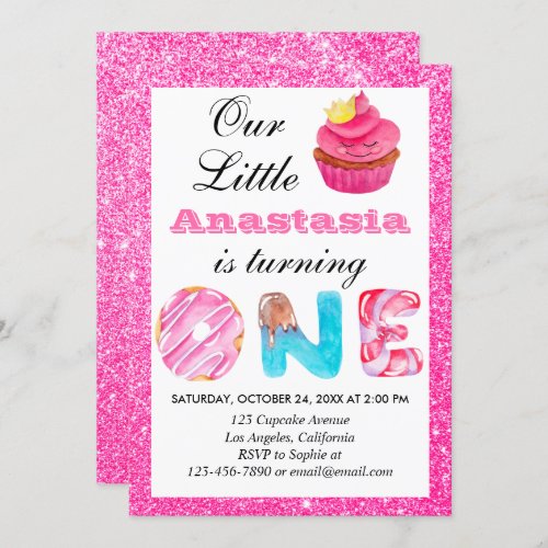 Sweet Little Cupcake Pink Glitter 1st Birthday One Invitation