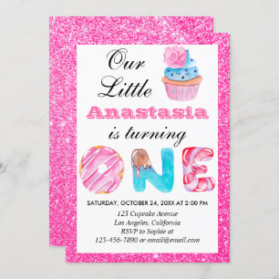 Sweet Little Cupcake Pink Glitter 1st Birthday One Invitation