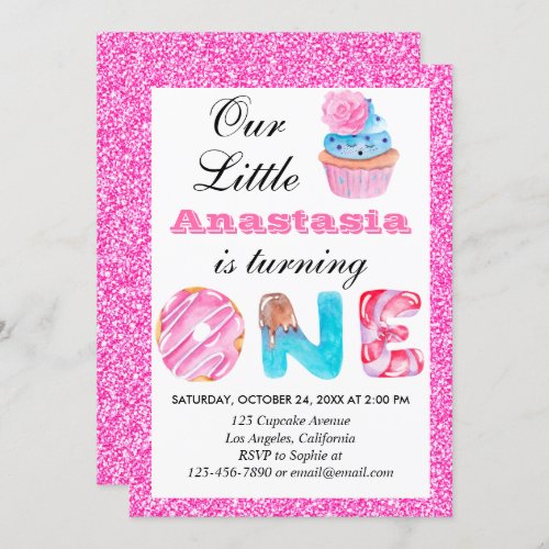 Sweet Little Cupcake Pink Glitter 1st Birthday One Invitation