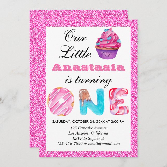Sweet Little Cupcake Pink Glitter 1st Birthday One Invitation (Front/Back)