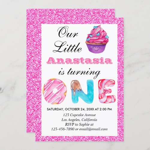 Sweet Little Cupcake Pink Glitter 1st Birthday One Invitation
