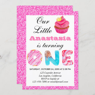 Sweet Little Cupcake Pink Glitter 1st Birthday One Invitation