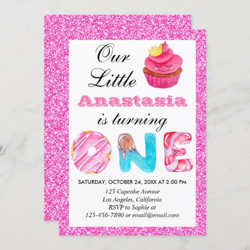 Sweet Little Cupcake Pink Glitter 1st Birthday One Invitation
