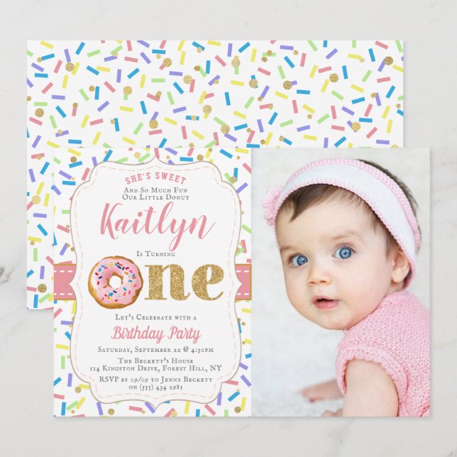 Sweet Little Donut Girls 1st Birthday Invitations (Front/Back)