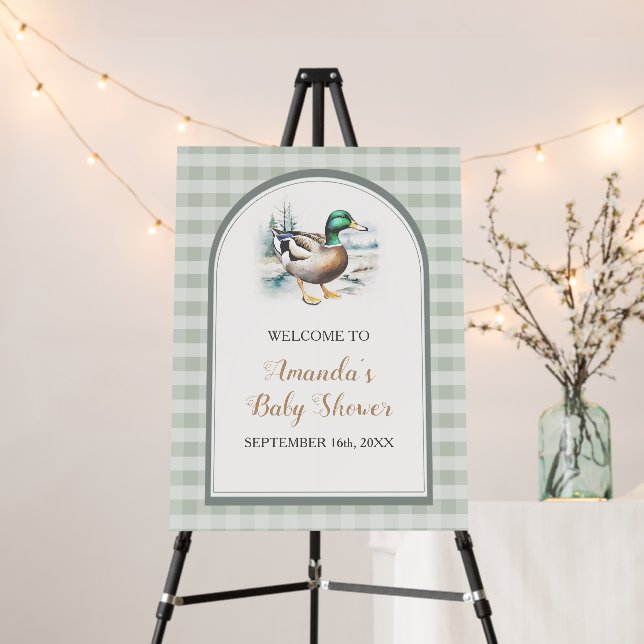 Sweet Little Duckling Gingham Baby Shower Welcome Foam Board (In Situ (Stand))