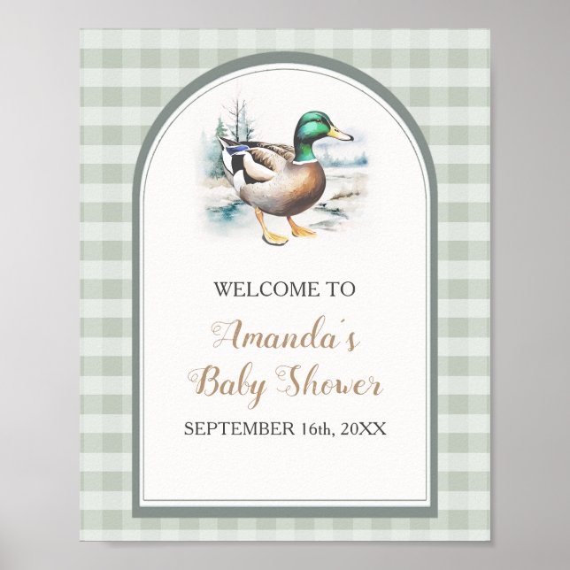Sweet Little Duckling Gingham Baby Shower Welcome Poster (Front)