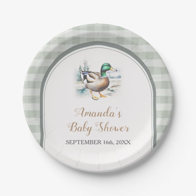 Sweet Little Duckling Mallard Gingham Baby Shower Paper Plates (Front)