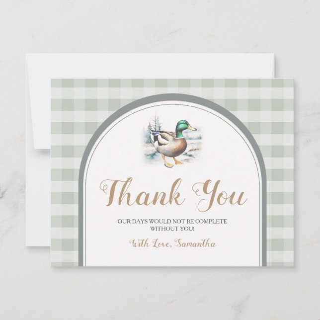 Sweet Little Duckling Mallard Gingham Baby Shower Thank You Card (Front)