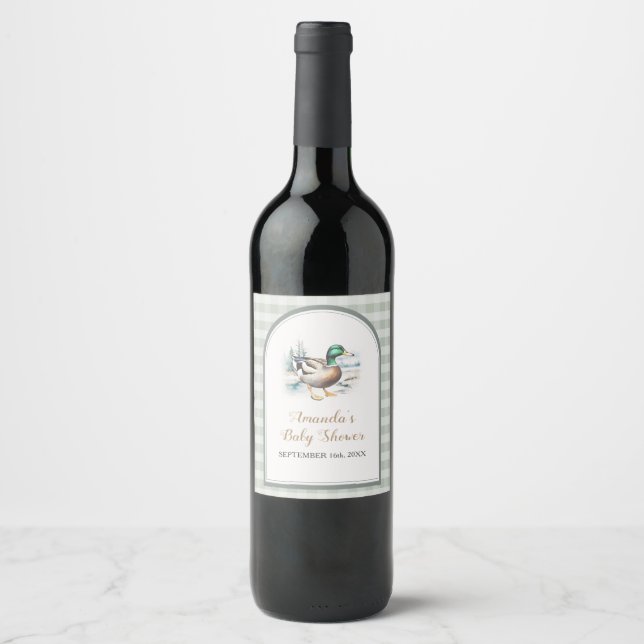 Sweet Little Duckling Mallard Gingham Baby Shower Wine Label (Front)