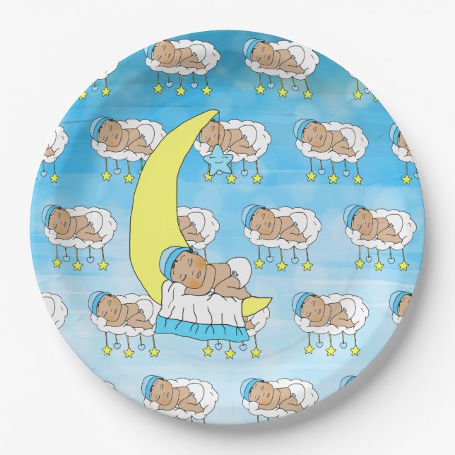 Sweet Little Ethnic Baby Sleeping on the Moon Paper Plates (Front)