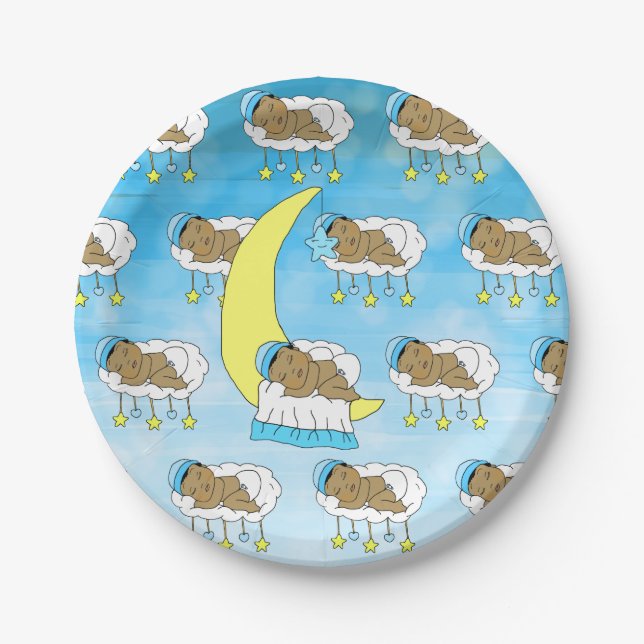 Sweet Little Ethnic Baby Sleeping on the Moon Paper Plates (Front)
