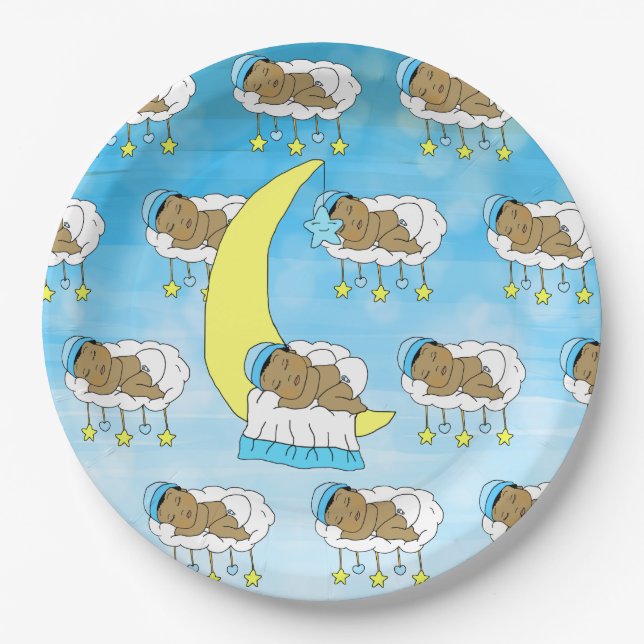 Sweet Little Ethnic Baby Sleeping on the Moon Paper Plates (Front)