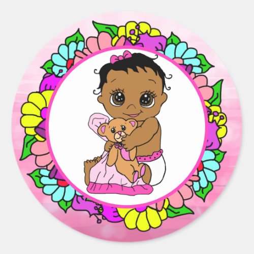 Sweet Little Ethnic Baby with Teddy Bear Floral Classic Round Sticker