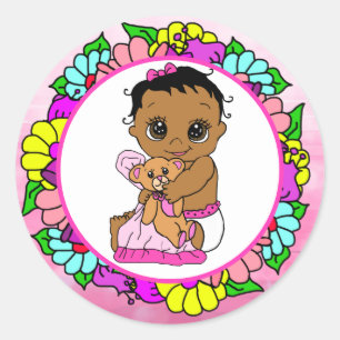 Sweet Little Ethnic Baby with Teddy Bear Floral Classic Round Sticker
