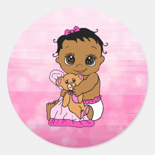 Sweet Little Ethnic Baby with Teddy Bear Pink Classic Round Sticker