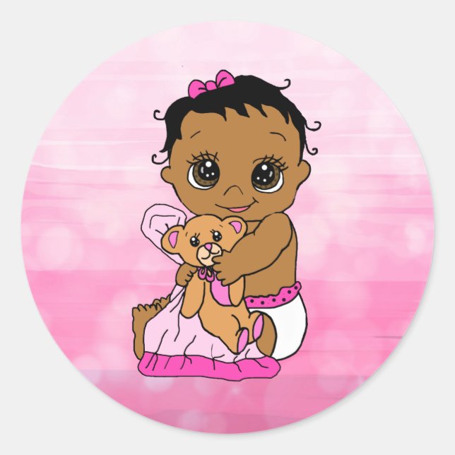 Sweet Little Ethnic Baby with Teddy Bear Pink Classic Round Sticker (Front)