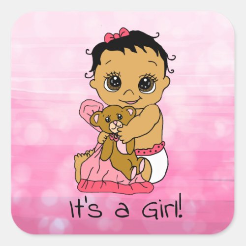 Sweet Little Ethnic Baby with Teddy Bear Pink Square Sticker