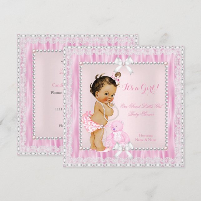 Sweet Little Girl Baby Shower Pearls Lace Brunette Invitation (Front/Back)