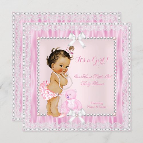 Sweet Little Girl Baby Shower Pearls Lace Brunette Invitation