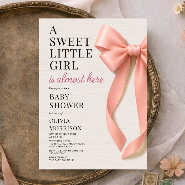 Sweet Little Girl is Almost Here Bow Baby Shower Invitation (Creator Uploaded)