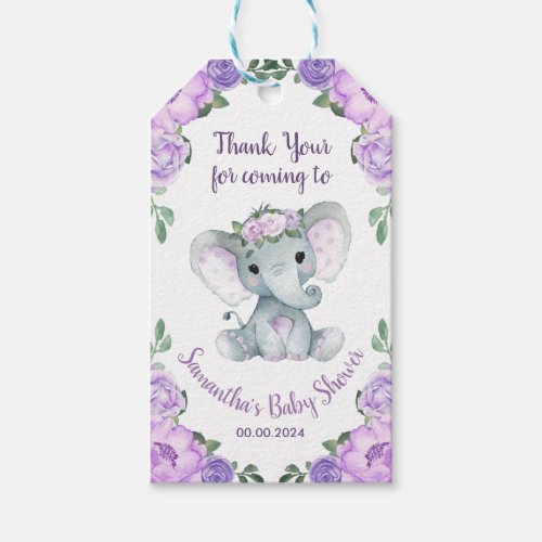 Sweet Little Girl on her way Elephant Purple Cups Gift Tags